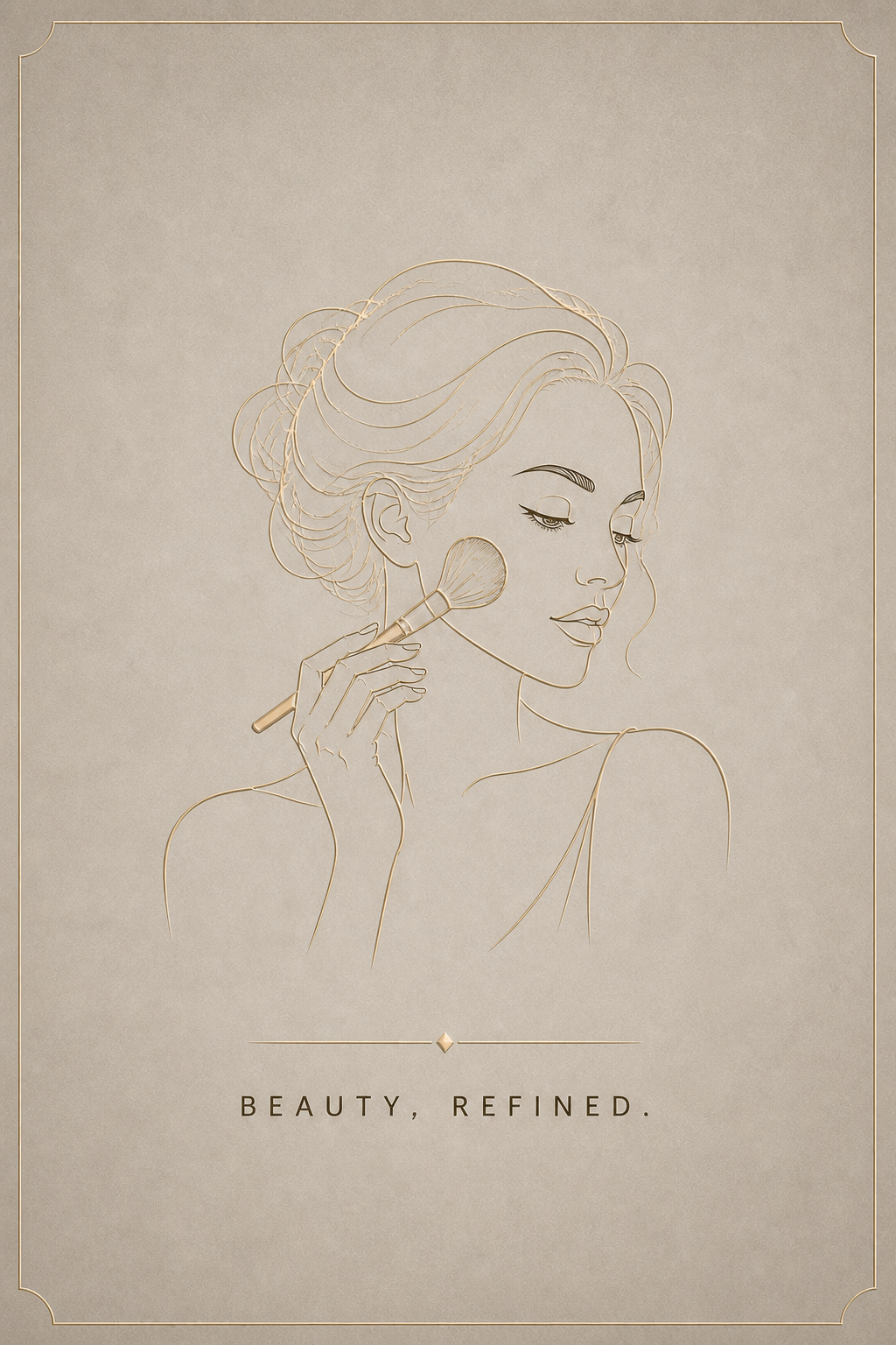 Fijne gouden lijntekening van een vrouw die make-up aanbrengt met de woorden Beauty, Refined